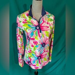 San Soleil Vibrant Dahlia Floral Long Sleeve Quarter Zip Women's Performance Top